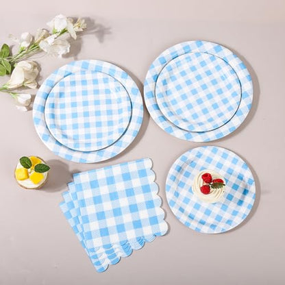 150 Pcs Light Blue Gingham Paper Plates and Napkins (150 Count)