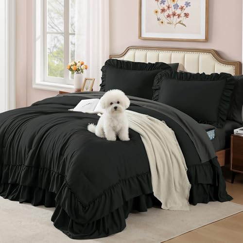 King Size Comforter Set Black Ruffle 7 Pieces Farmhouse Bed in a Bag