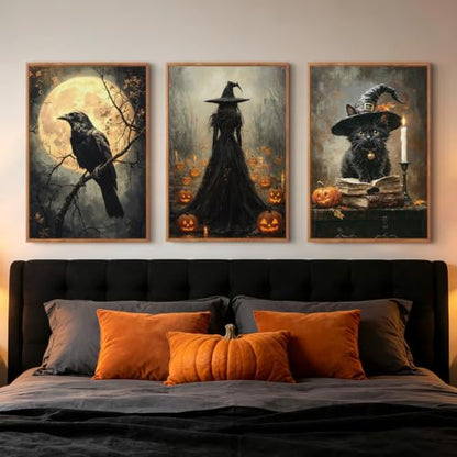 Black Cat Halloween Wall Art Dark Witch Gothic Print Set