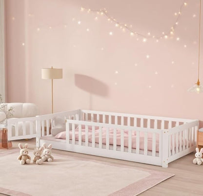 Bellemave Twin Size Floor Bed for Kids, Girls, Boys, Rubber Wood Floor Bed with slats and Door, White