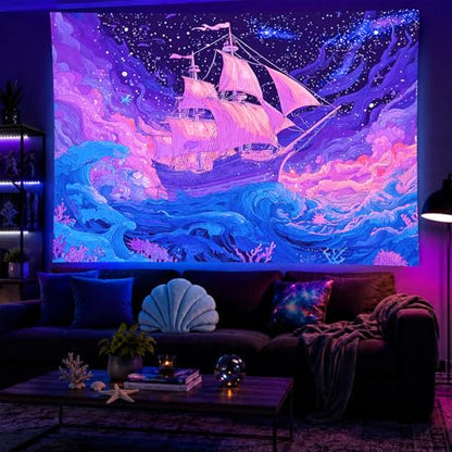 Blacklight Tapestry Ocean Ship Neon Wall Art 78 x 59 Inch