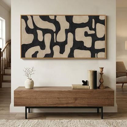 Large Framed Black and Beige Abstract Wall Art for Living Room