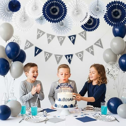 Honeycomb Round Paper Fan Blue Gray White Hanging Party Decoration (11 Count)