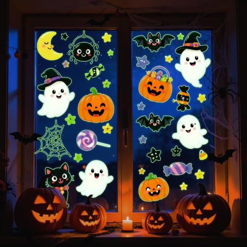 Glow in the Dark Halloween Window Stickers Cute Ghost Pumpkin Black Cat Spider Bat Candy Moon Window Decals for Halloween Party Supplies Home Glass Decorations