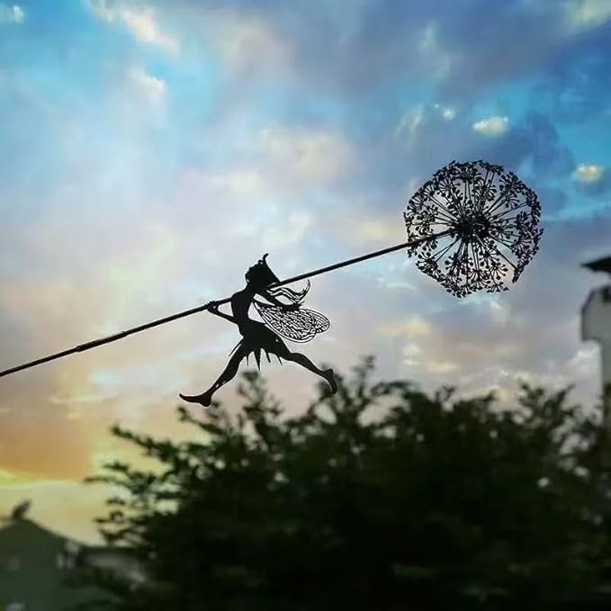Flower Fairy Dancing with Dandelion, Art Sculpture Fairies for Fairy Garden, Angel Metal Ornaments Gardens Art Sculpture, Outdoor Decorations for The Courtyard, Christmas and Halloween Lawn (H)