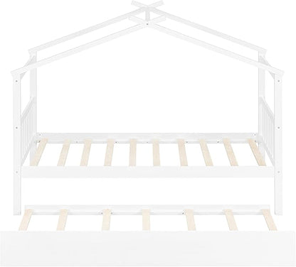 Harper & Bright Designs Twin House Bed for Kids, Wood Platform Bed with Trundle, Montessori Bed with Roof, Playhouse Trundle Beds for Kids,Teens, Bedroom, White