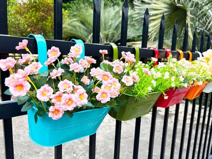 8 Pack 12" Colorful Metal Railing Planters with Hooks for Outdoor Fence (8 Count)