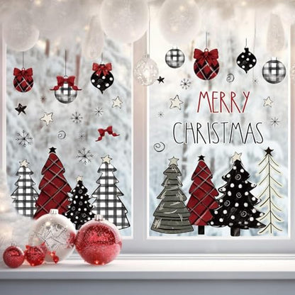 Christmas Window Clings for Glass 9 Sheet Xmas Tree Window Decals with Plaid Designs Window Stickers Winter Windows Cling for Party Supplies Home School Office Glass Decorations (9 Count)
