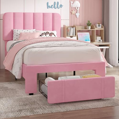 Twin Size Upholstered Bed Frame with Drawer and Headboard