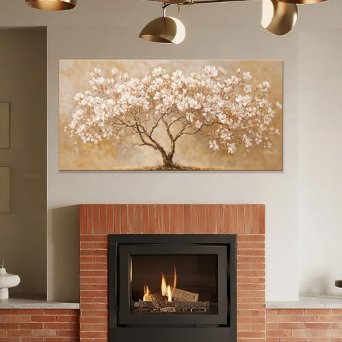 Large Canvas Wall Art Decor Beige Magnolia Tree of Life Canvas Art Wall Decor For Living Room White Flower Wall Art Decor Modern Tree Botanical Canvas Prints Decor For Bedroom Home Office 24"×48"