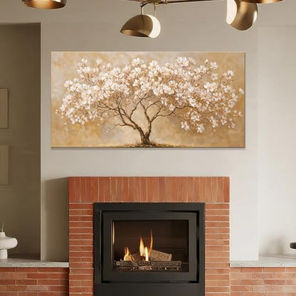 Large Canvas Wall Art Decor Beige Magnolia Tree of Life Canvas Art Wall Decor For Living Room White Flower Wall Art Decor Modern Tree Botanical Canvas Prints Decor For Bedroom Home Office 24"×48"