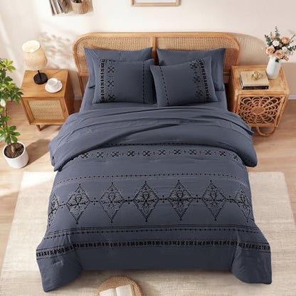 King Size Comforter Set Embroidery Floral 7 Pieces Bed in a Bag
