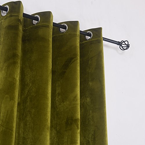 Super Soft Luxury Velvet Decor Moss Green Thermal Blackout Curtain Panel Drapes Grommet Draperies Eyelet 52Wx96L inch Green Yellow