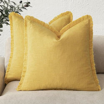 Decorative Linen Fringe Throw Pillow Covers 20×20 Ginger Yellow (2 Count)