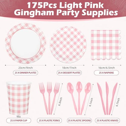 175 Pcs Pink Gingham Paper Plates and Napkins with Cups (175 Count)