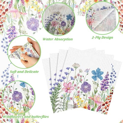 150 Pcs 5 x 5 Inches Wildflower Floral Paper Napkins for Decoupage Disposable Cocktail Napkins Decorative Guest Hand Paper for Picnic Bathroom Wedding Shower Birthday Tea Party (150 Count)