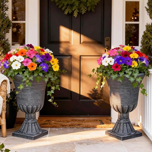 Autodaya 22" Handmade Washed Black Urn Planters Set of 2 Plastic Pots (2 Count)