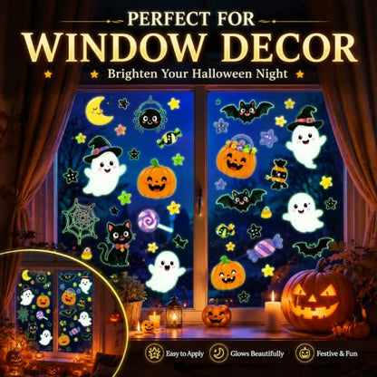 Glow in the Dark Halloween Window Stickers Cute Ghost Pumpkin Black Cat Spider Bat Candy Moon Window Decals for Halloween Party Supplies Home Glass Decorations