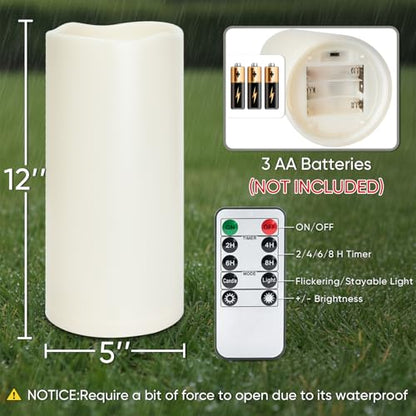 12" x 5" Large Waterproof Outdoor Flameless Candles with Remote Control and Timer (2 Count)