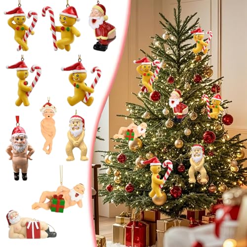 10 Pcs Christmas Hanging Ornaments Acrylic Cute Santa Claus and Gingerbread Man Holding Cane Design 2D Hanging Ornament Funny Christmas Ornaments for Xmas Tree Decoration
