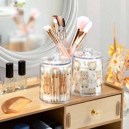 2 Pack Qtip Holder Organizer Dispenser Bears Bathroom Storage Canister Cotton Ball Holder Container for Cotton Pads (2 Count)