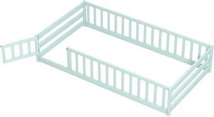 KOMFOTT Twin Size Wood Floor Bed with Door & Fence, Montessori Bed Frame with Full Length Safety Guardrails, Door & Latch, Wooden Montessori Floor Bed for Kids, Girls, Boys (Twin,Light Green)