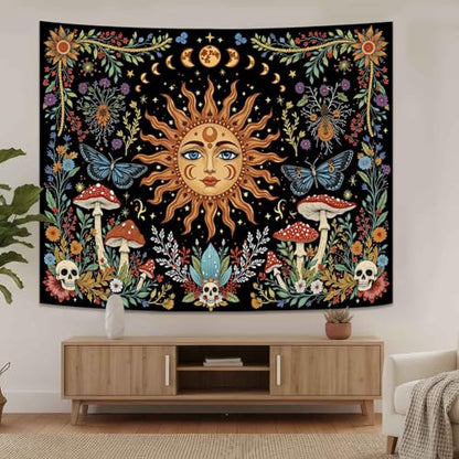 Celestial Sun Mushroom Skull Wall Tapestry