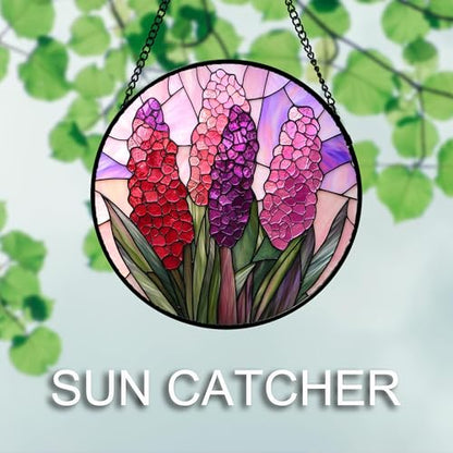 Stained Glass Window Hanging 4 Pcs Set Purple Flower Theme 7.8"