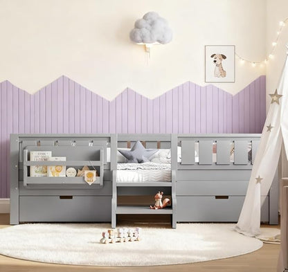 Bellemave Twin Size Kids Bed with high Rails and with Built-in Bookshelf and Drawers for Kids, Girls, Boys, Wood Montessori Bed Without Door, Gray