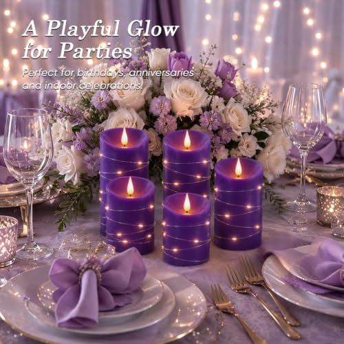 Purple Flameless Candles with String Lights