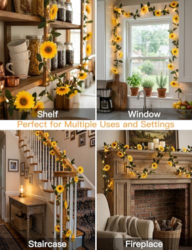 Sunflower Garland with 60LED Fairy Light Battery Operated Clear Wire