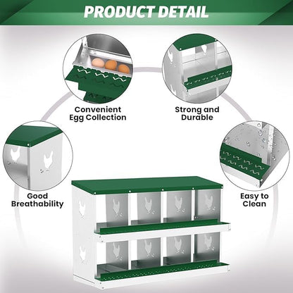 Chicken Nest Box, 8-Compartment Egg-Laying Box, Metal Hen House, Convenient for Collecting Eggs - Ventilated Poultry House Equipment - Suitable for Hens, Ducks Green, Without Stand