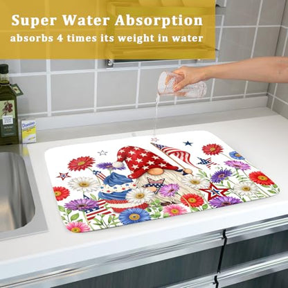 4th of July Dish Drying Mat for Kitchen Counter Cute Patriotic Super Absorbent Reversible Microfiber Kitchen Countertop Protector Dishes Pad Large 18x24 inch
