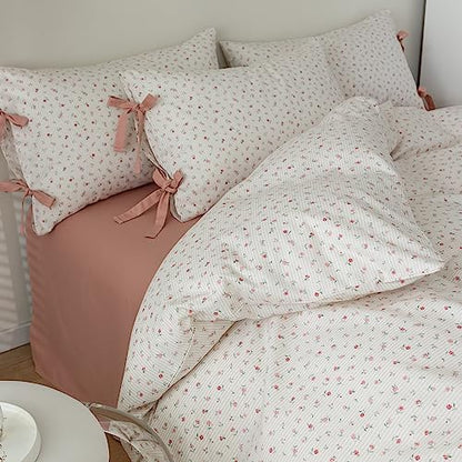King Size Comforter Set Garden Style Pink White Floral Comforter Set Cozy Aesthetic Bedding Cottagecore Comforter Vintage Botanical Flower Comforter with 2 Bow Ties Pillowcases Fluffy Bed Set