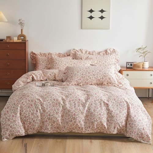 Pink Red Flower Comforter Set King Vintage Garden Style Blooming Floral Comforter with 2 Ruffle Pillowcases Aesthetic Floral Bedding Set Soft Fluffy Cottagecore Comforter Set for Girls Women