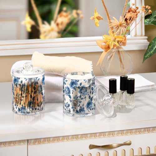 2 Pack Qtip Holder Organizer Dispenser Roses Blue Grey Bathroom Storage Canister Cotton Ball Holder Container for Cotton Pads (2 Count)