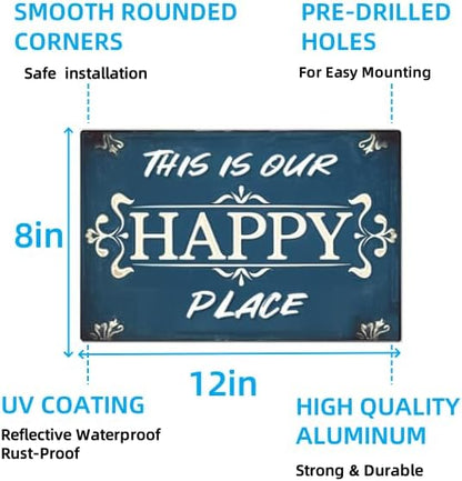Vintage "This Is Our Happy Place" Sign – Metal Decorative Plaque for Home, Kitchen, Bedroom, Cafe, and Park – 8x12 Inches
