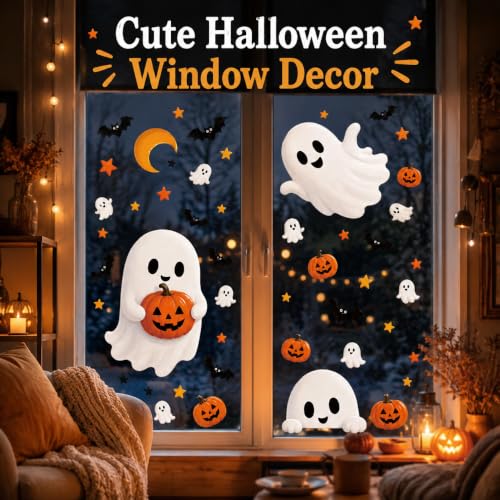 Halloween Window Clings Cute Ghost Pumpkin Bat Moon Window Decals Stickers for Halloween Party Supplies Home Glass Decorations