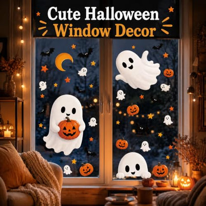 Halloween Window Clings Cute Ghost Pumpkin Bat Moon Window Decals Stickers for Halloween Party Supplies Home Glass Decorations