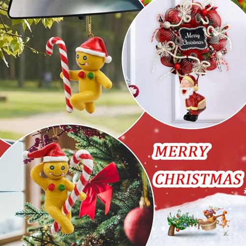 10 Pcs Christmas Hanging Ornaments Acrylic Cute Santa Claus and Gingerbread Man Holding Cane Design 2D Hanging Ornament Funny Christmas Ornaments for Xmas Tree Decoration