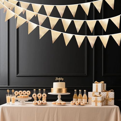 Champagne Gold Party Decoration Metallic Fabric Triangle Pennant Banner Flag Bunting Garland for Birthday Engagement Bridal Shower Wedding Anniversary Graduation Bachelorette Party Decoration Supplies (36 Count)