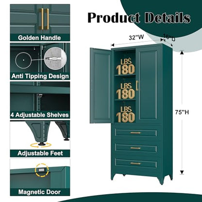 75" Metal Storage Cabinet with Doors and 2 Adjustable Shelves