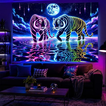 Psychedelic Blacklight Tapestry Banner 79x59 Inch Neon Tapestry Tiger Cosmic Moon Water Reflection Art Aesthetic Bohemian Glow In The Dark Decor Wall Hanging Trippy Vibrant Black Light Tapestries