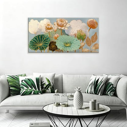 Large Canvas Wall Art Decor Modern Floral Botanical Nature Canvas Prints Gold Lotus Flower Wall Art Decor For Living Room Elegant Canvas Art Wall Decor For Bedroom Home Office Wall Decor 24"×48"