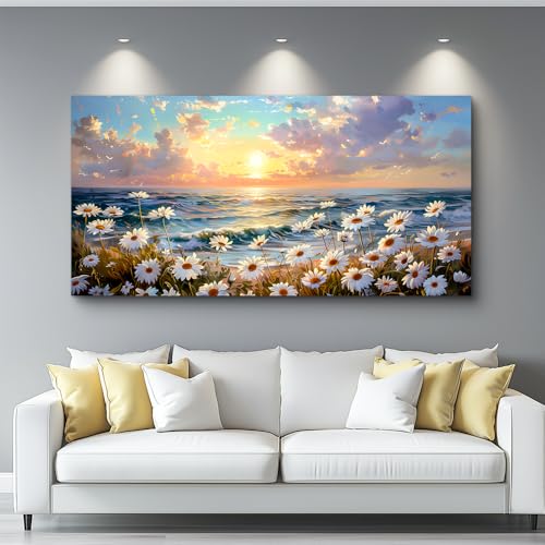 Large Canvas Wall Art For Living Room Bedroom Wall Decor Office Beach With Waves Landscape Painting White Flowers Painting Bathroom Dining Room Artwork Picture Home Decoration 20x40 In