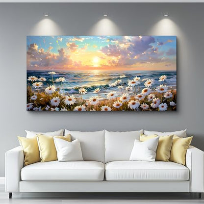 Large Canvas Wall Art For Living Room Bedroom Wall Decor Office Beach With Waves Landscape Painting White Flowers Painting Bathroom Dining Room Artwork Picture Home Decoration 20x40 In