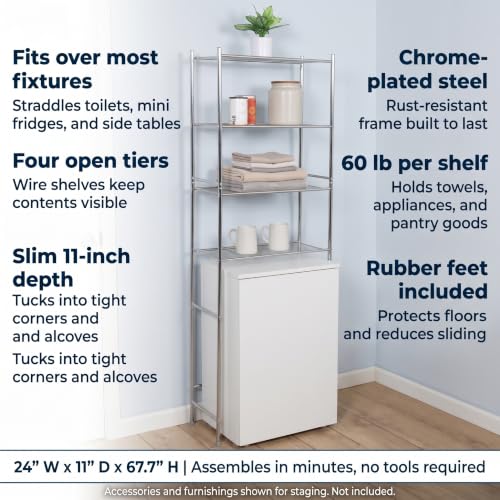 Over-the-Toilet Bathroom Storage Shelf, Steel, Chrome, 4-Tier
