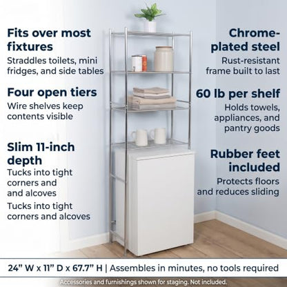 Over-the-Toilet Bathroom Storage Shelf, Steel, Chrome, 4-Tier