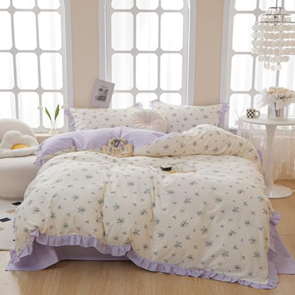 Ruffle Comforter Set Queen Vintage Purple Floral Bedding Comforter 3 Pieces Coquette Bedding Flowers Cottagecore Comforter Set with 2 Pillowcases Fluffy Soft Aesthetic Flower Bedding Set with Lace