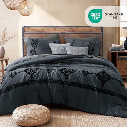 Embroidery Queen Comforter Set 7 Pieces Blue Grey Bed in a Bag